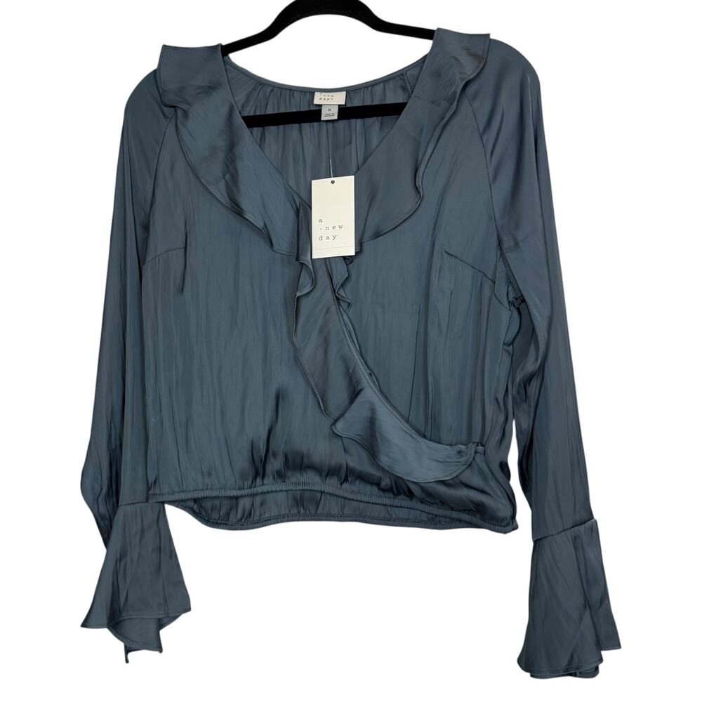 NWT A NEW DAY pewter silver bell sleeve faux wrap blouse Medium